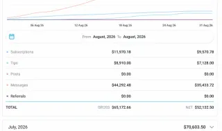 Anna's August 2026 earning statistics: gross $65,172.66, net $52,132.50